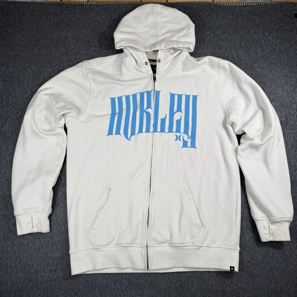 Vintage Hurley Hoodie Mens Large White Full Zip Fleece Sweatshirt Logo Y2K Thumb
